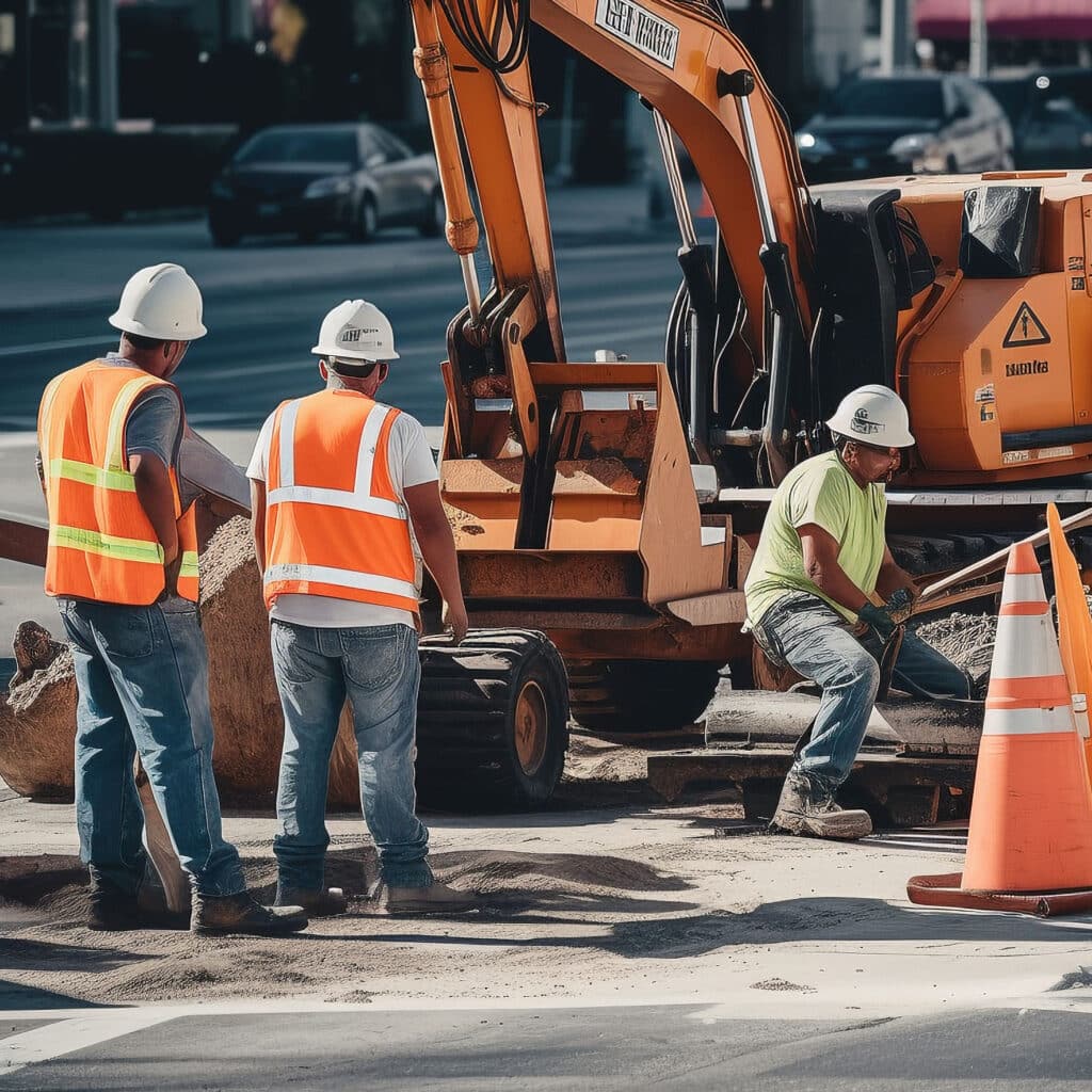 Street Road Work Zone with Barricades and Workers